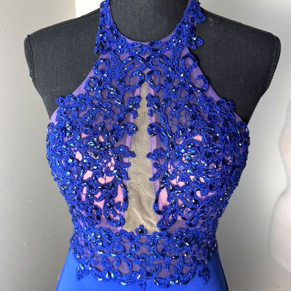 1006 Size 6 Morilee royal blue illusion halter gown mermaid slit train backless - Picture 2 of 5